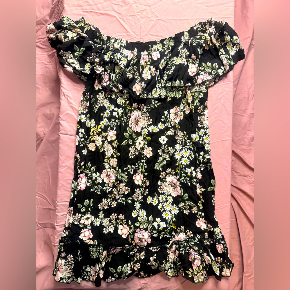 Black floral off the shoulder mini dress